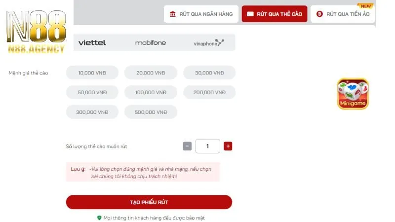 Rút tiền N88 qua thẻ cào an toàn